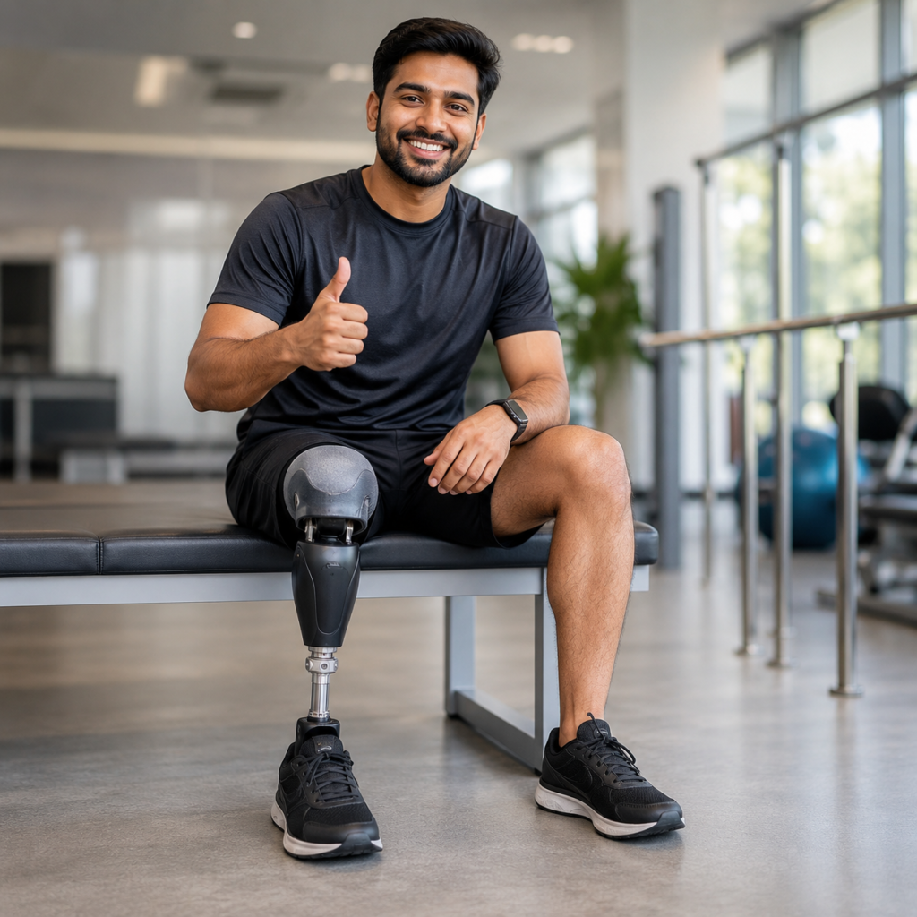 happy Prosthetic user showing thumbs up after fitting of prosthesis
