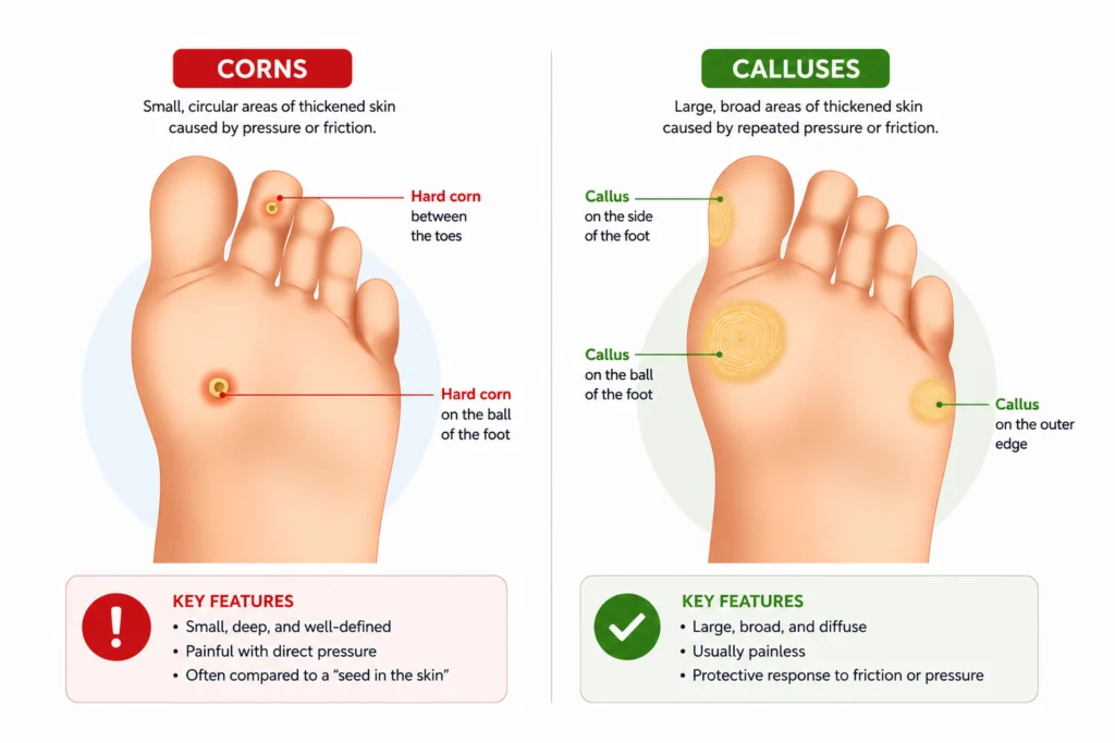 image showing appearance of corn and calluses- a side by side comparison