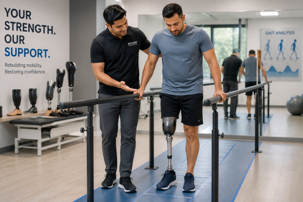 Professional giving gait training to a prosthetic user walking in parallel bars