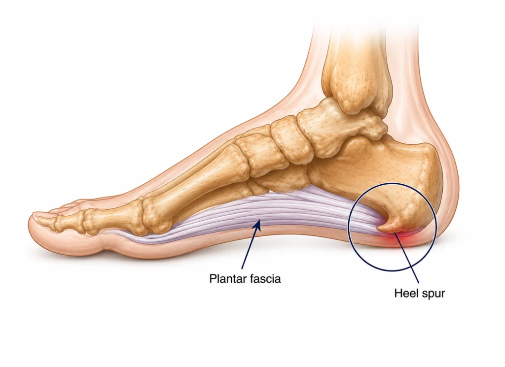 Foot anatomy showing formation of heel spur in calcaneal bone