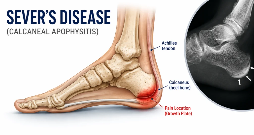 image showing location of pain in sever's disease and also the appreance of it under x rays